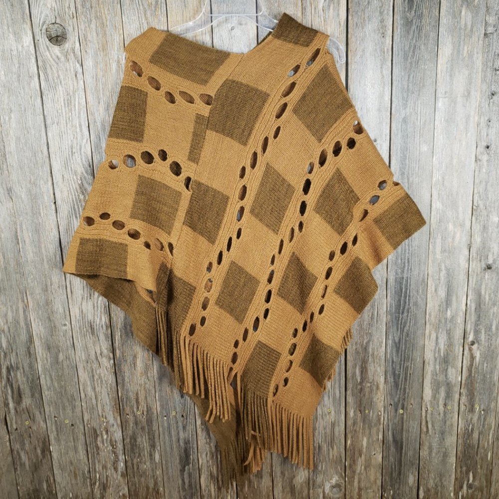 Camel Brown One‎ Size Acrylic Fringed Poncho Sweater Top Boho Hippie